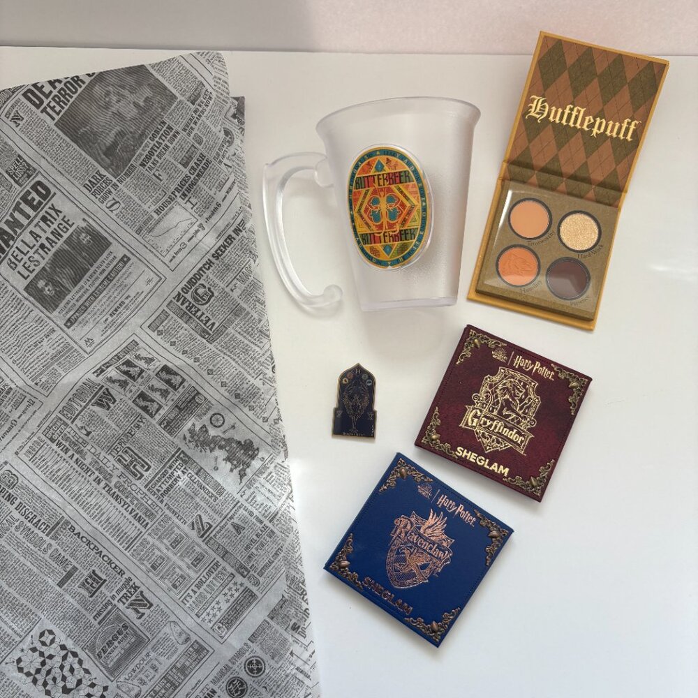 Harry Potter She Glam Eyeshadow, NYC Butterbeer mug + Hogwarts Pin, London Paper